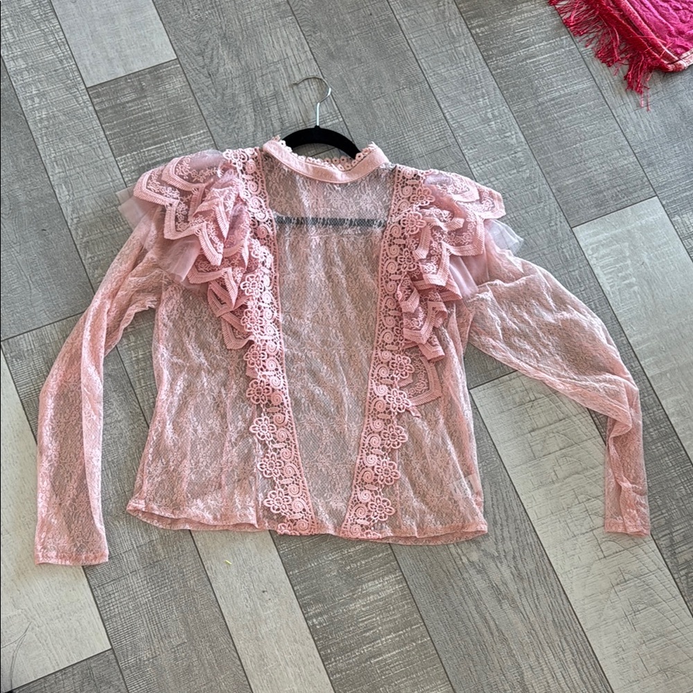 Pink Lace Ruffle Cardigan
